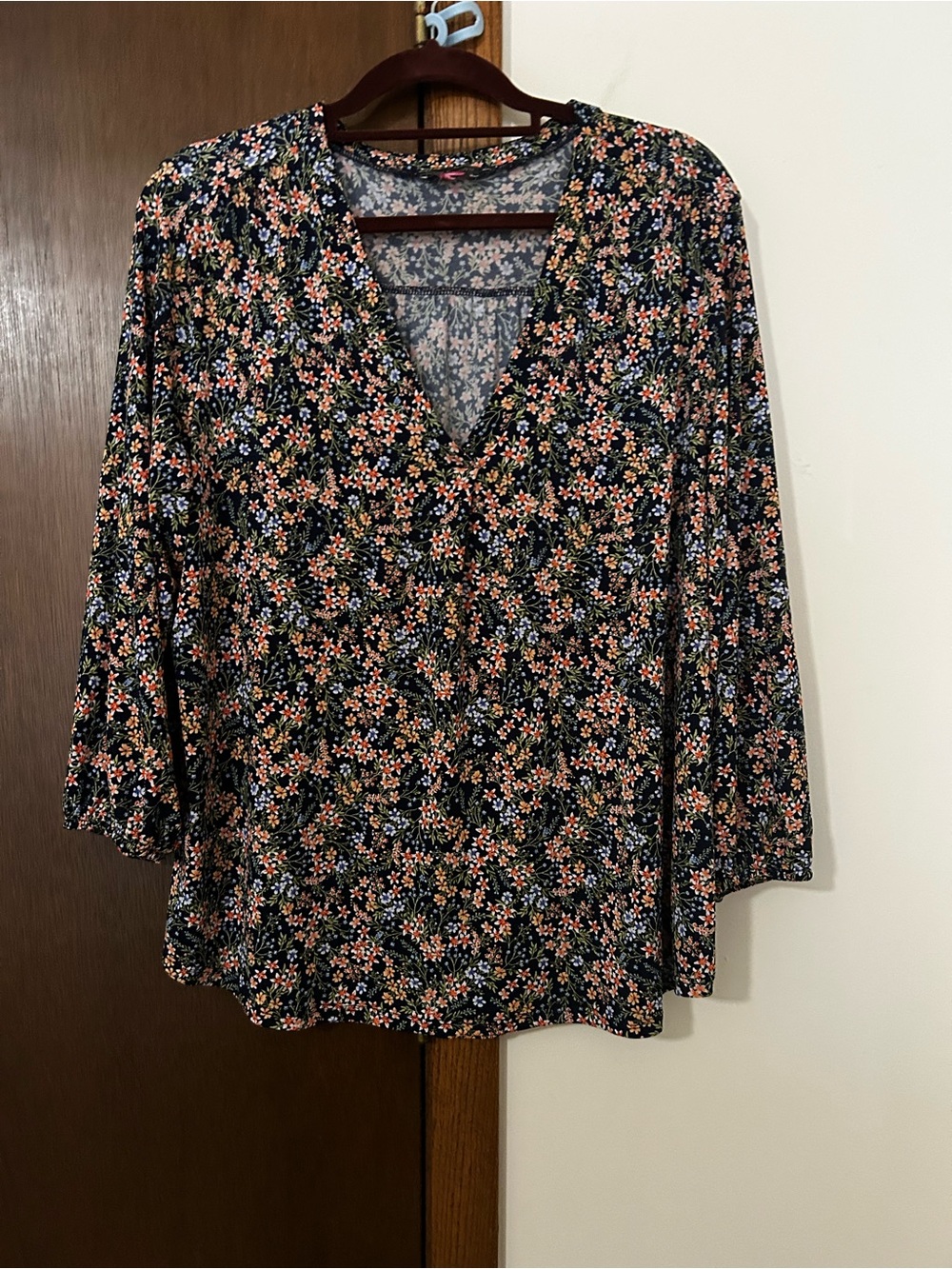 Vince Camuto Black Floral V-Neck Blouse with Pink & Blue Flowers